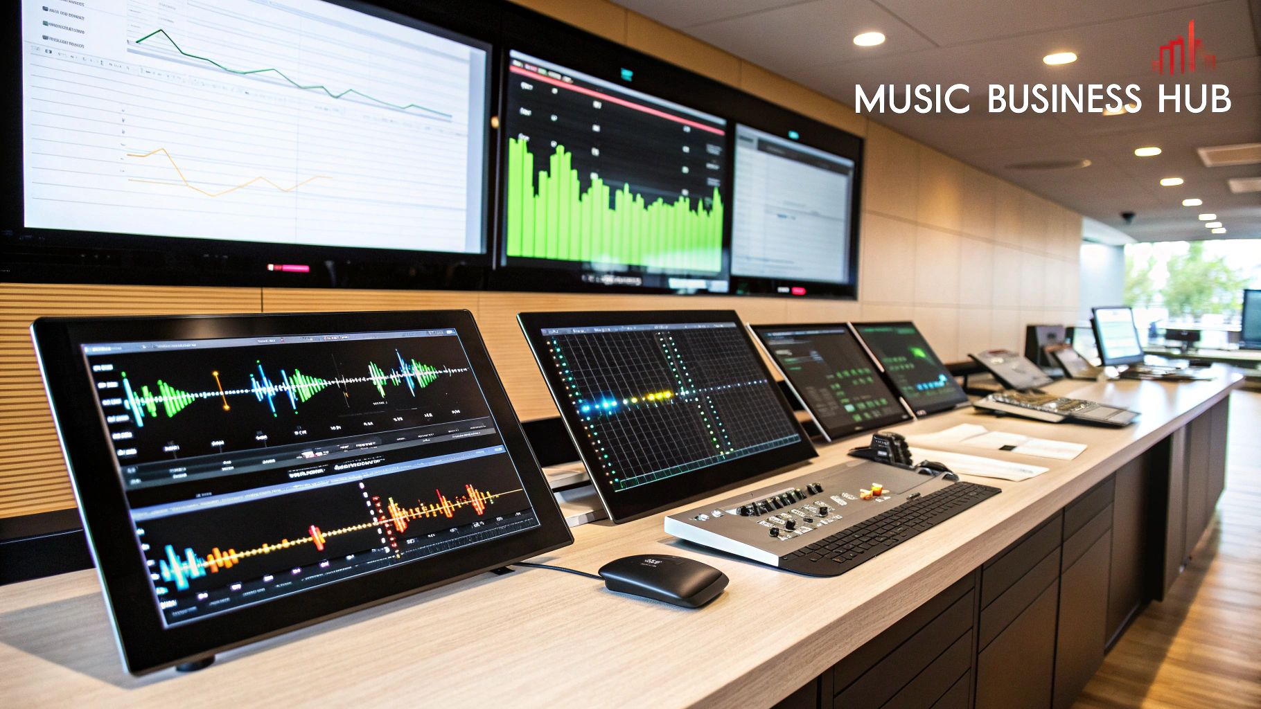 An artist managing their music career on a laptop, showing analytics and distribution options.