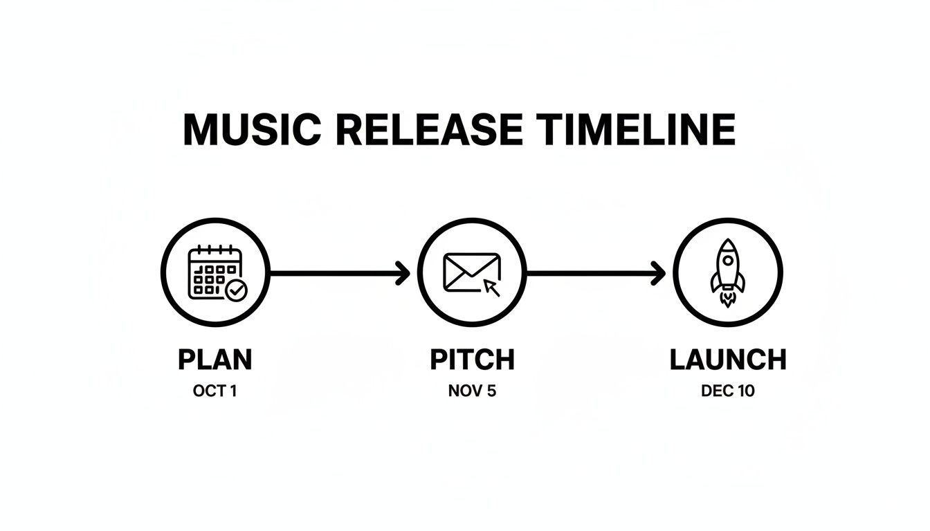 A music release timeline graphic showing three stages: Plan (Oct 1), Pitch (Nov 5), and Launch (Dec 10).