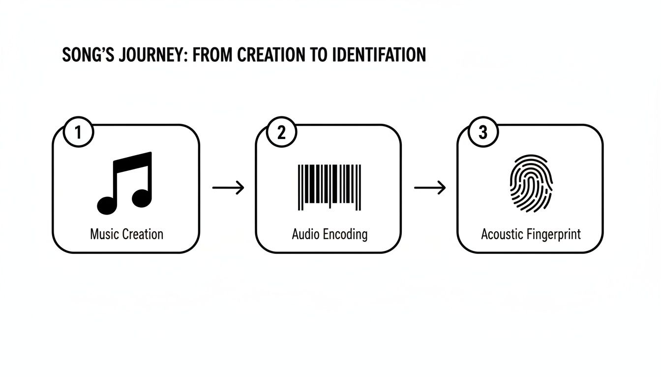 Flowchart illustrating a song's journey from creation to acoustic fingerprint identification.