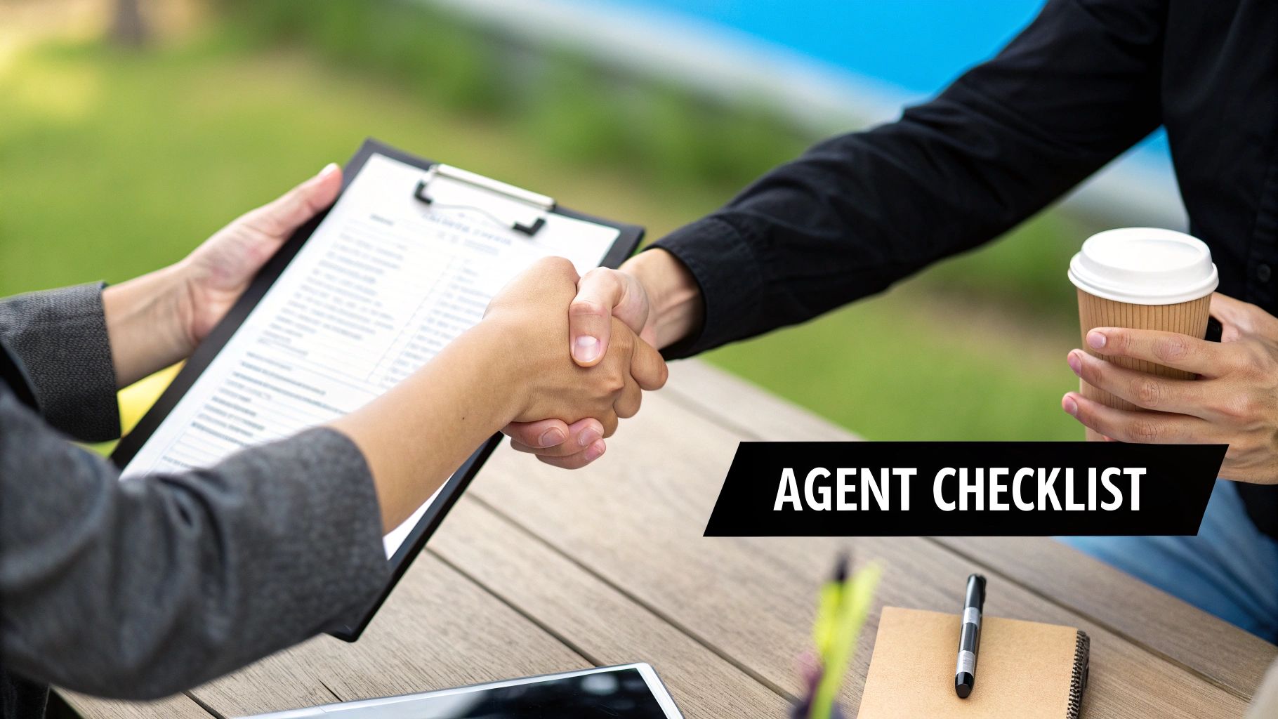 Two people shaking hands over a deal outdoors, one holding a clipboard and the other a coffee cup.