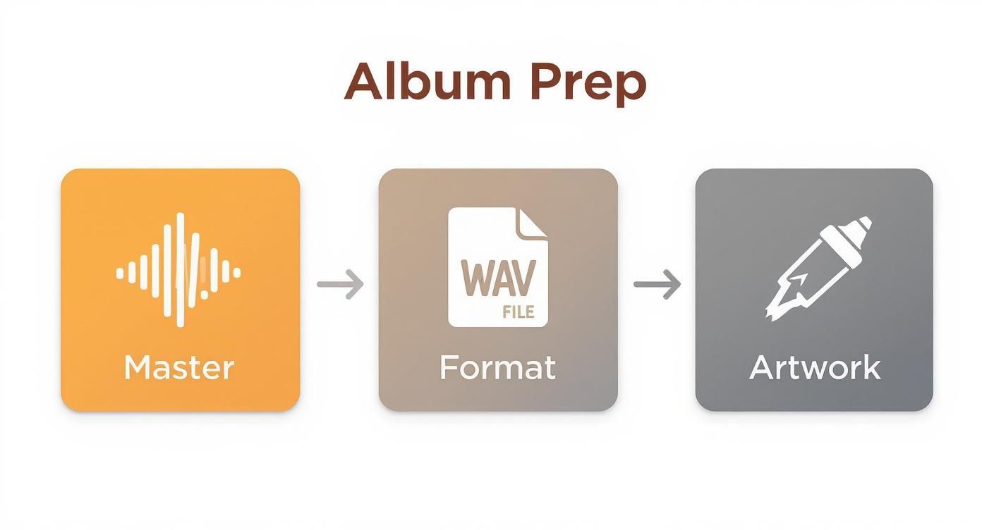 A diagram illustrating the album preparation process with three steps: Master, Format (WAV file), and Artwork.