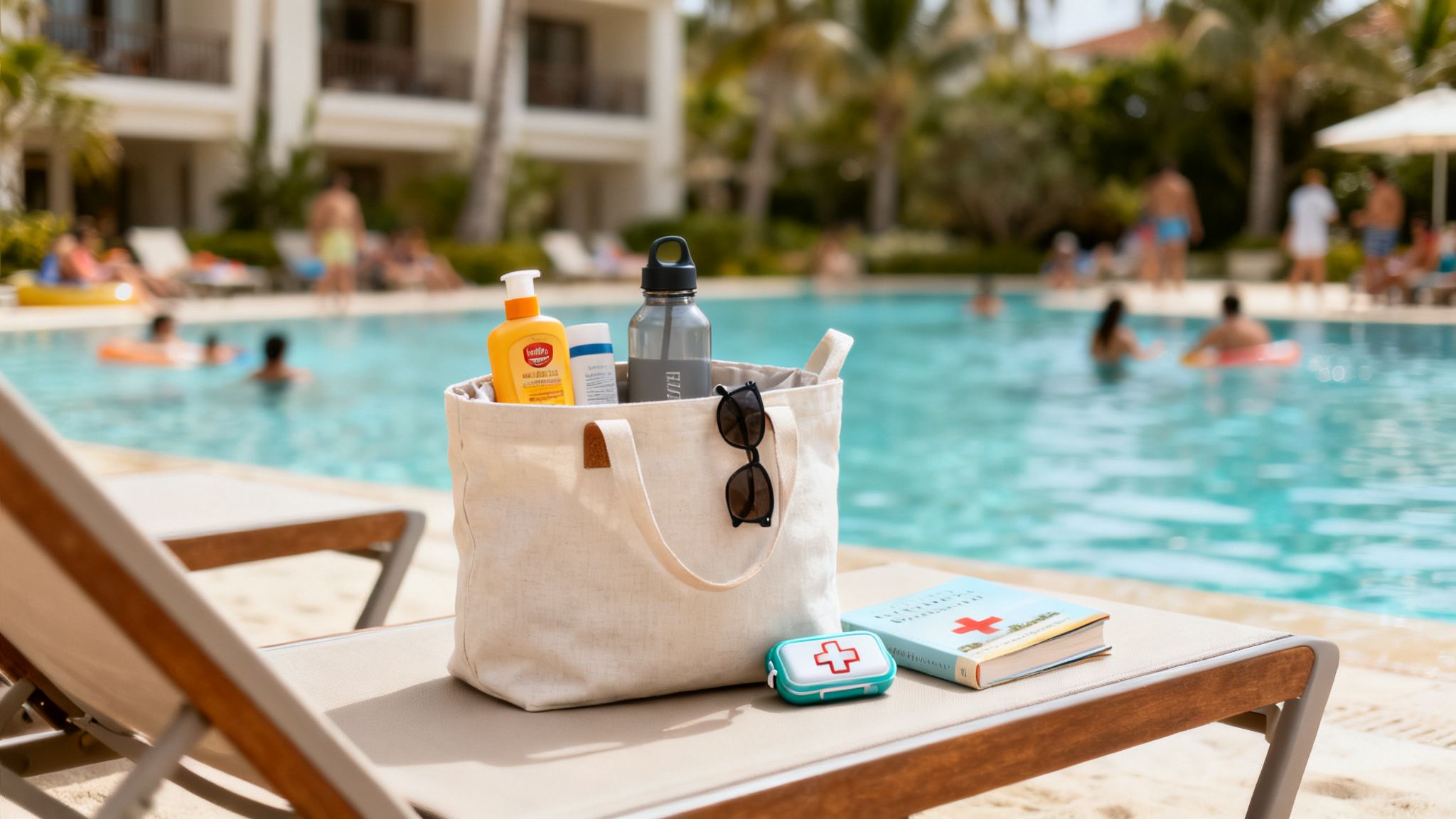 A canvas bag with sunscreen, water bottle, and sunglasses sits by a pool with people.