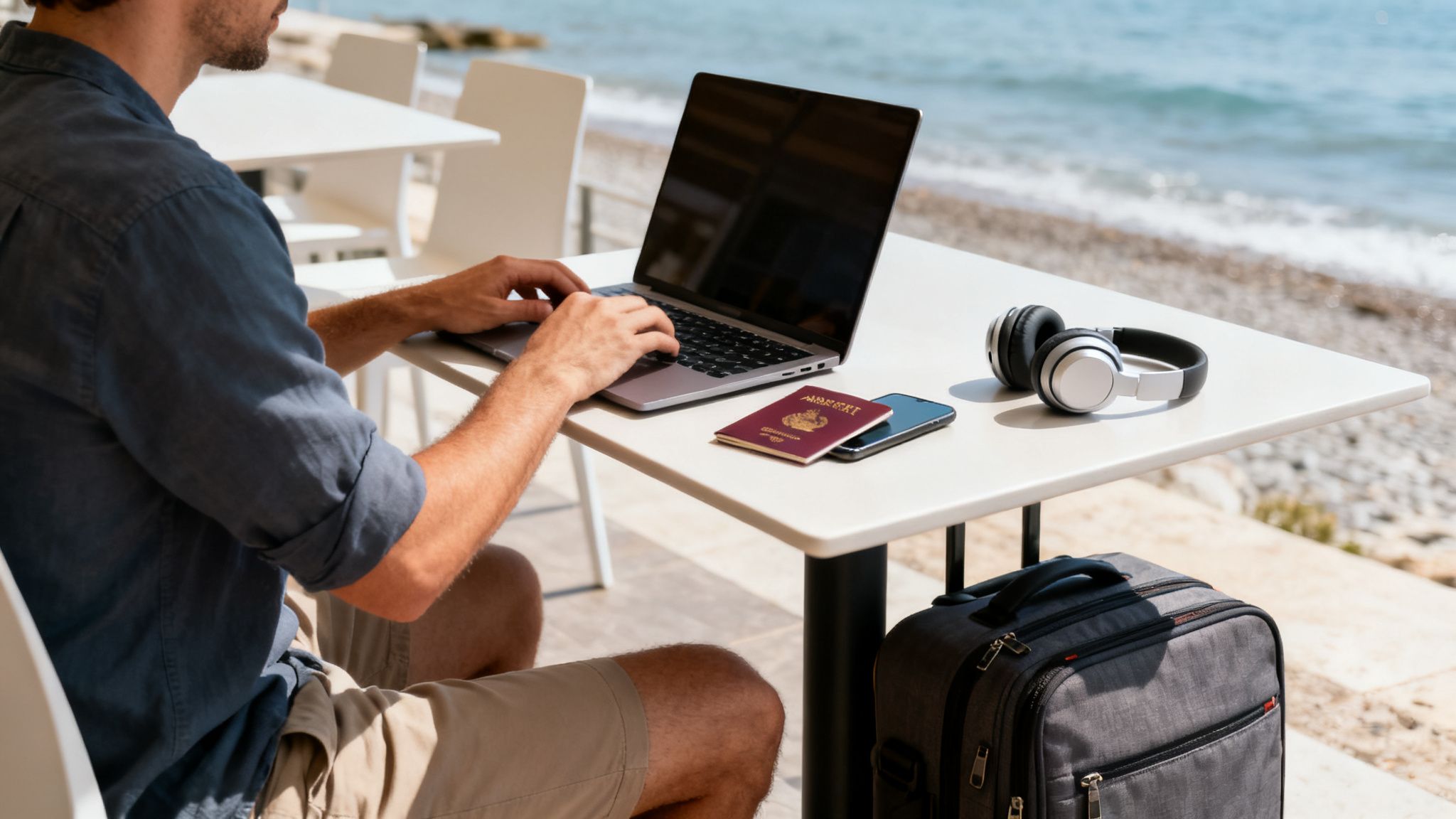A person works on a laptop at a table by the beach, with a passport, phone, headphones, and luggage.