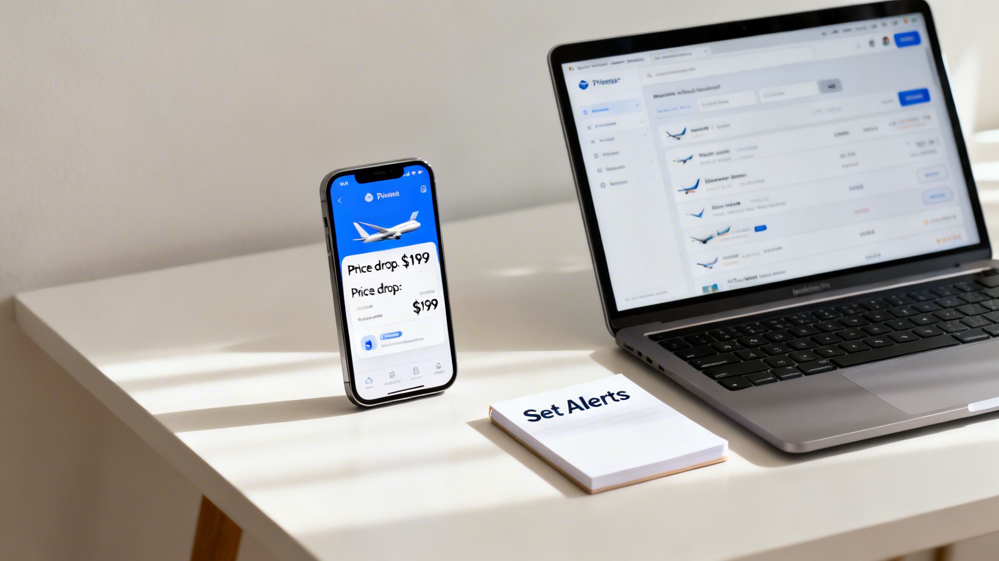 A smartphone showing a flight price drop notification next to a laptop displaying flight deals and a notepad with 'Set Alerts'.