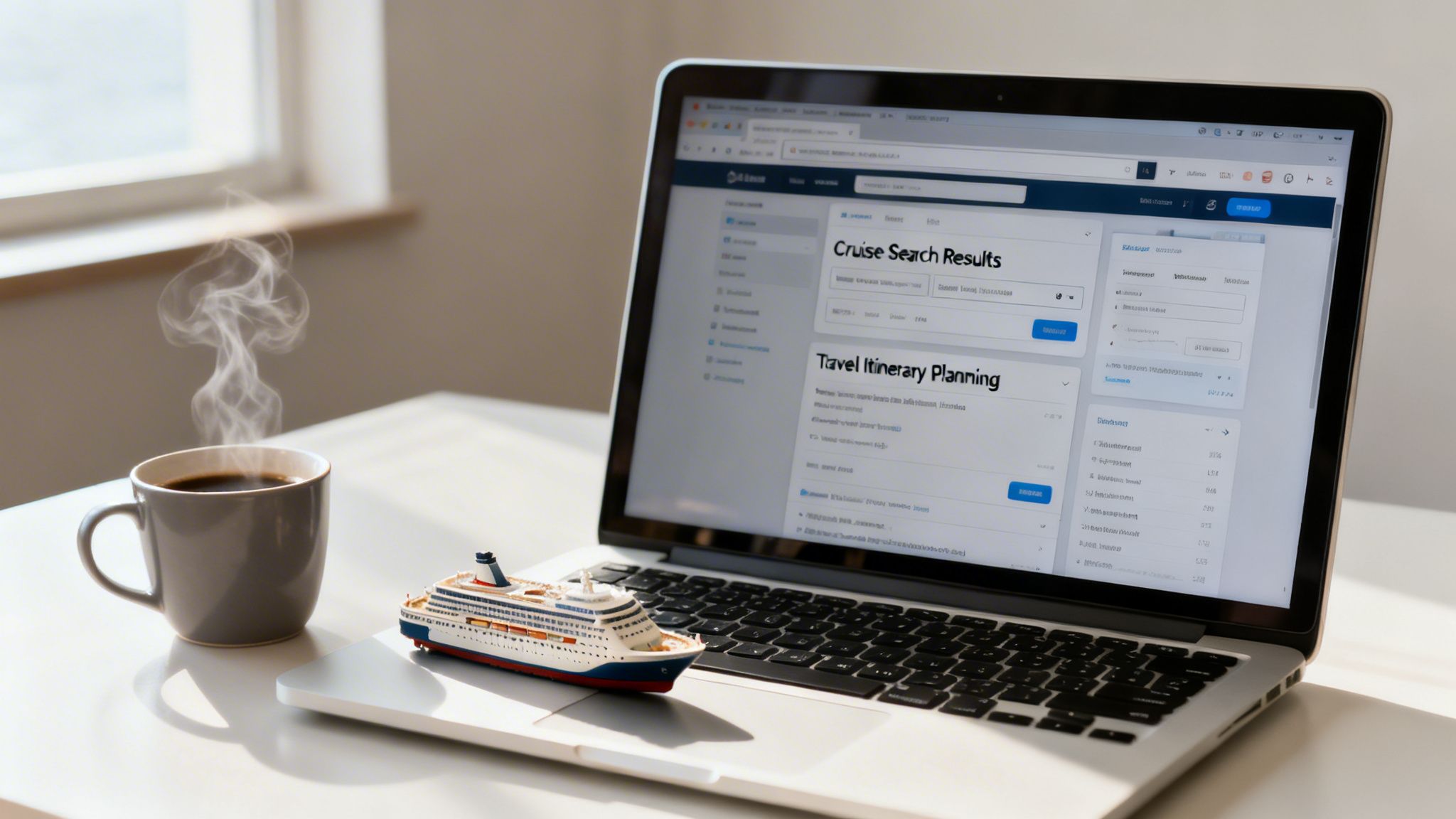 A laptop displays cruise search results and travel planning, with a steaming coffee mug and a miniature cruise ship.