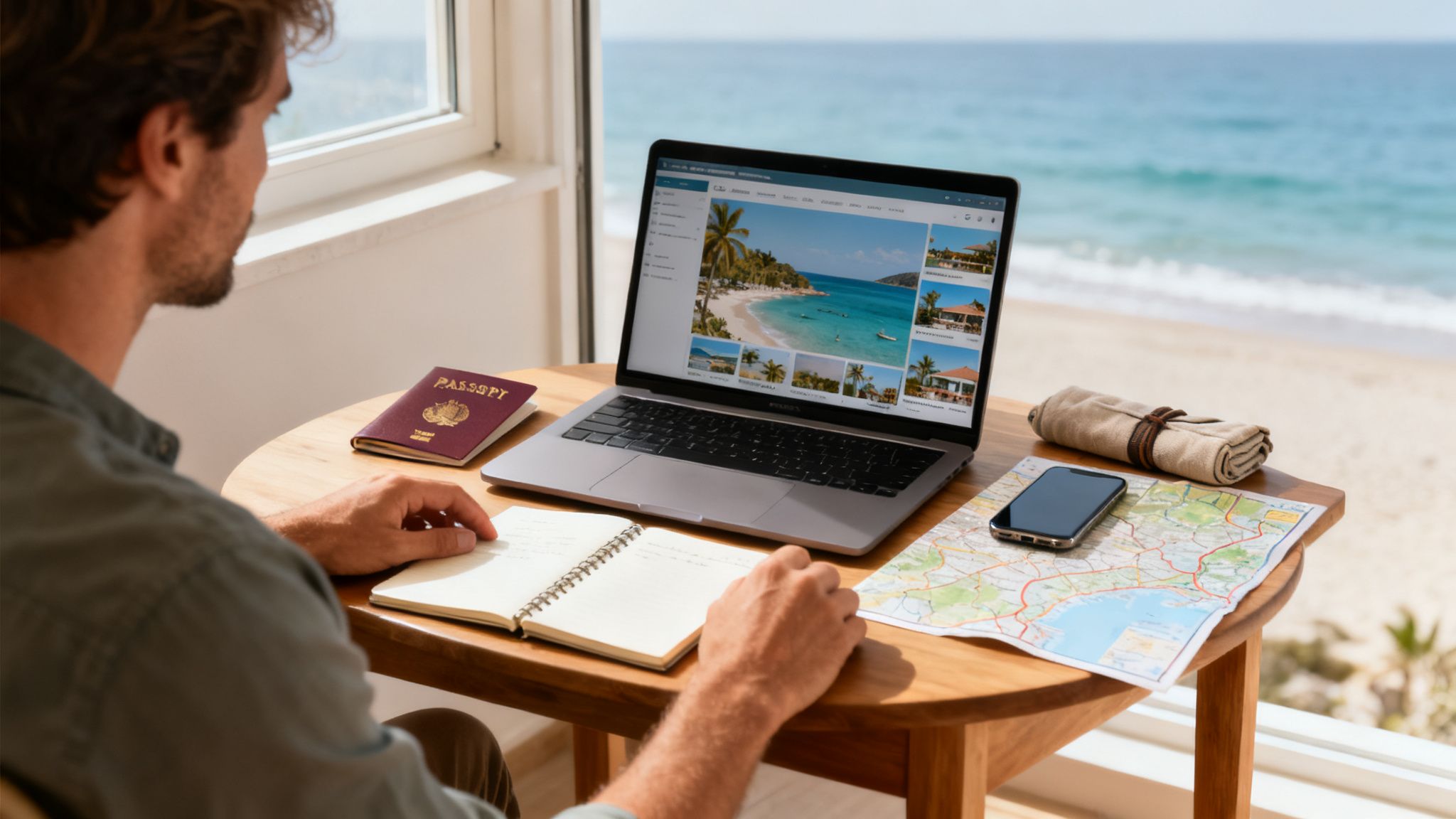 Man planning a beach vacation from his laptop, with a passport, map, and ocean view.