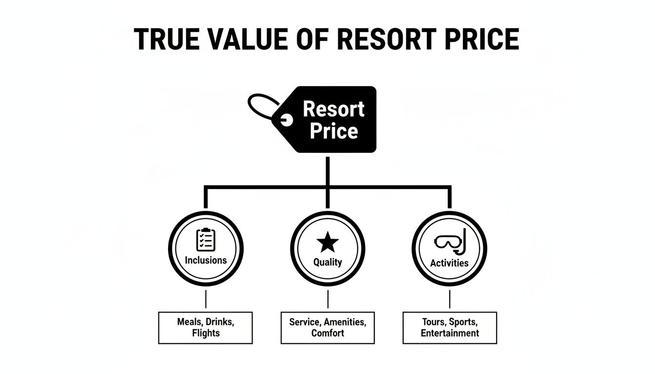 Diagram showing the true value of resort price, breaking down into inclusions, quality, and activities.