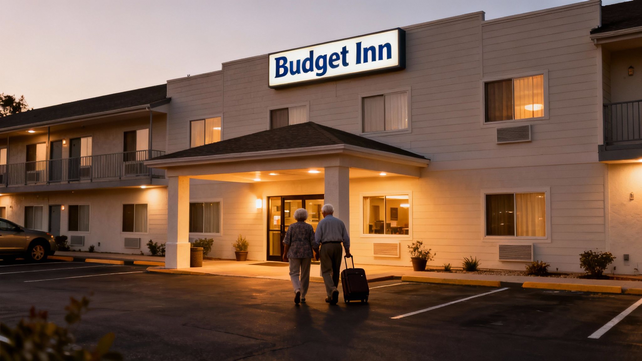 An elderly couple walks toward a brightly lit "Budget Inn" motel entrance at dusk with a suitcase.