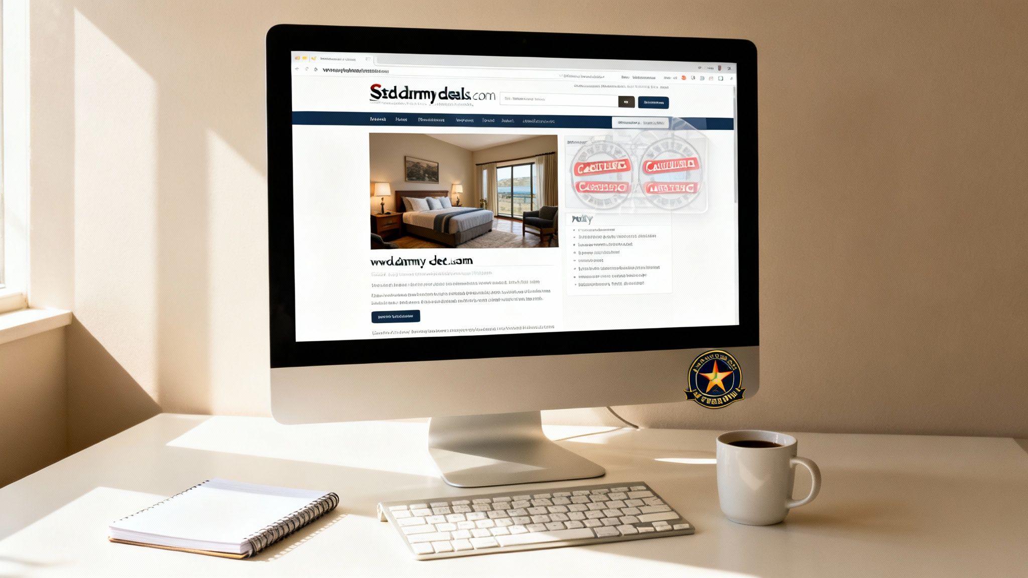 A computer screen displays a hotel deals website with a cancellation policy and a bedroom view, alongside a keyboard, notebook, and coffee mug.