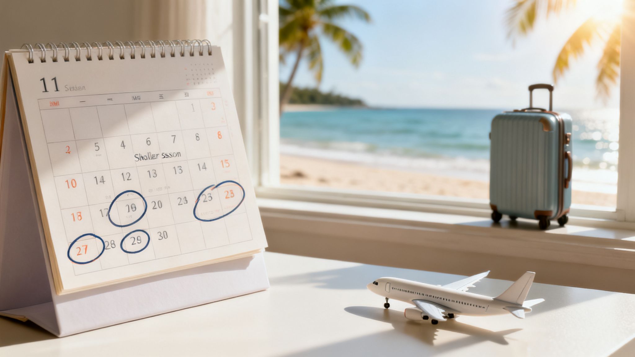 Calendar with circled dates, a model airplane, and suitcase by a window overlooking a tropical beach.