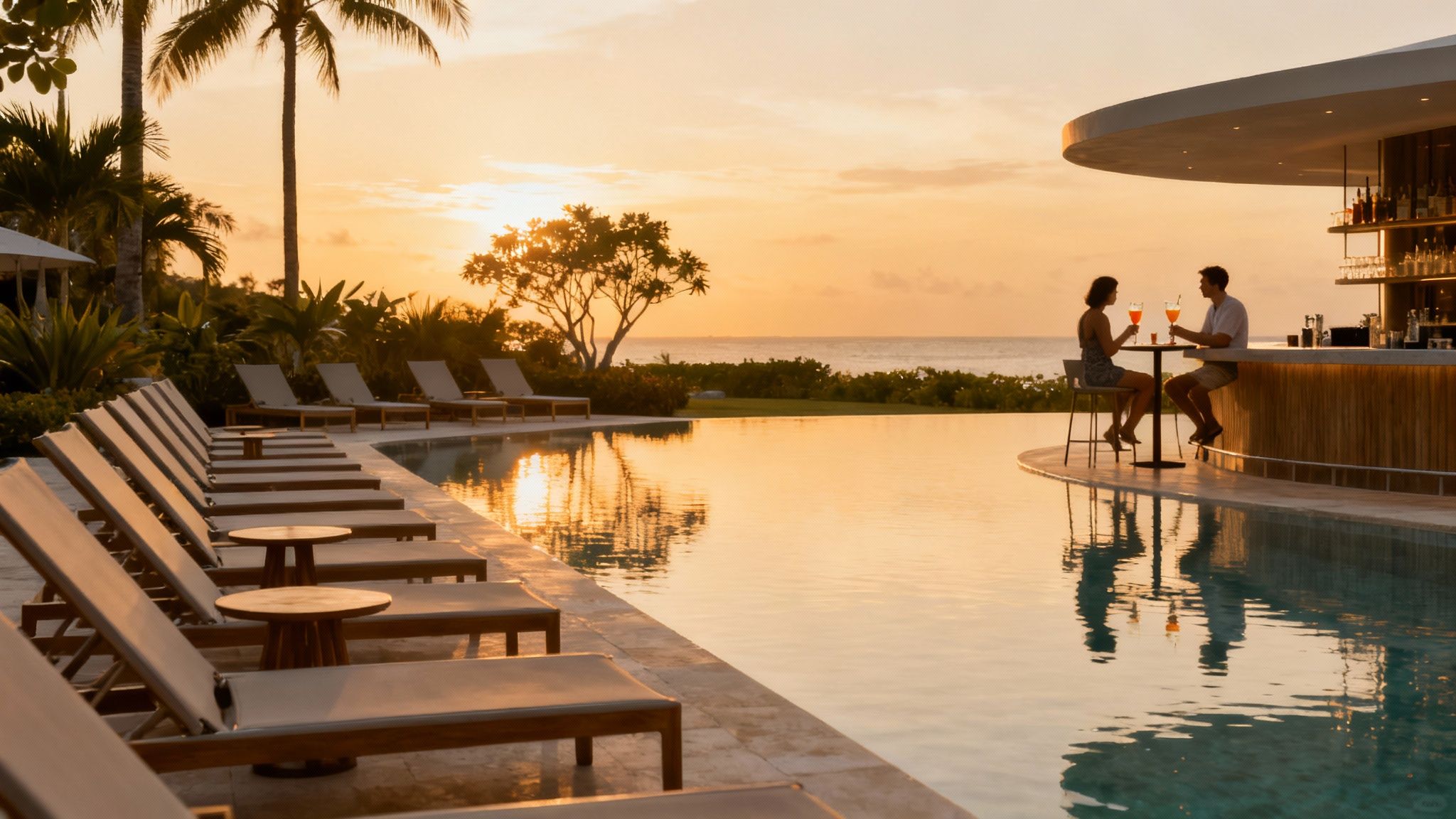 Couple enjoying cocktails at a luxurious resort poolside bar with a beautiful ocean sunset.