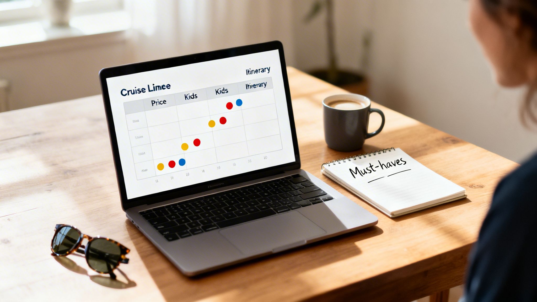 A person views a laptop displaying a cruise comparison chart, with a 'Must-haves' notebook and coffee on a wooden table.