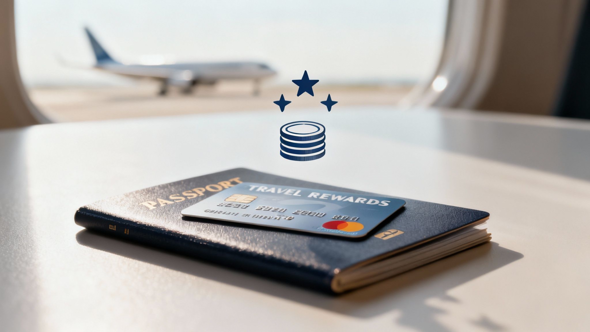 A passport and travel rewards credit card on a table in an airport, with a plane and reward icons.