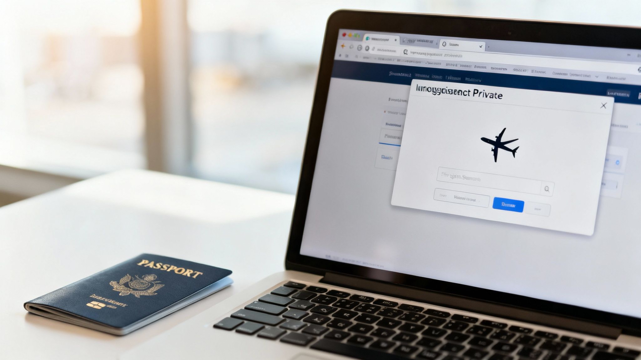 A passport lies next to a laptop displaying a flight search popup window, ready for travel planning.
