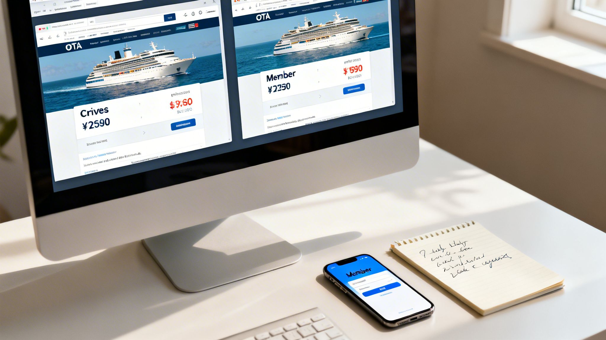 A computer monitor displays cruise booking websites alongside a smartphone and a notepad on a desk.