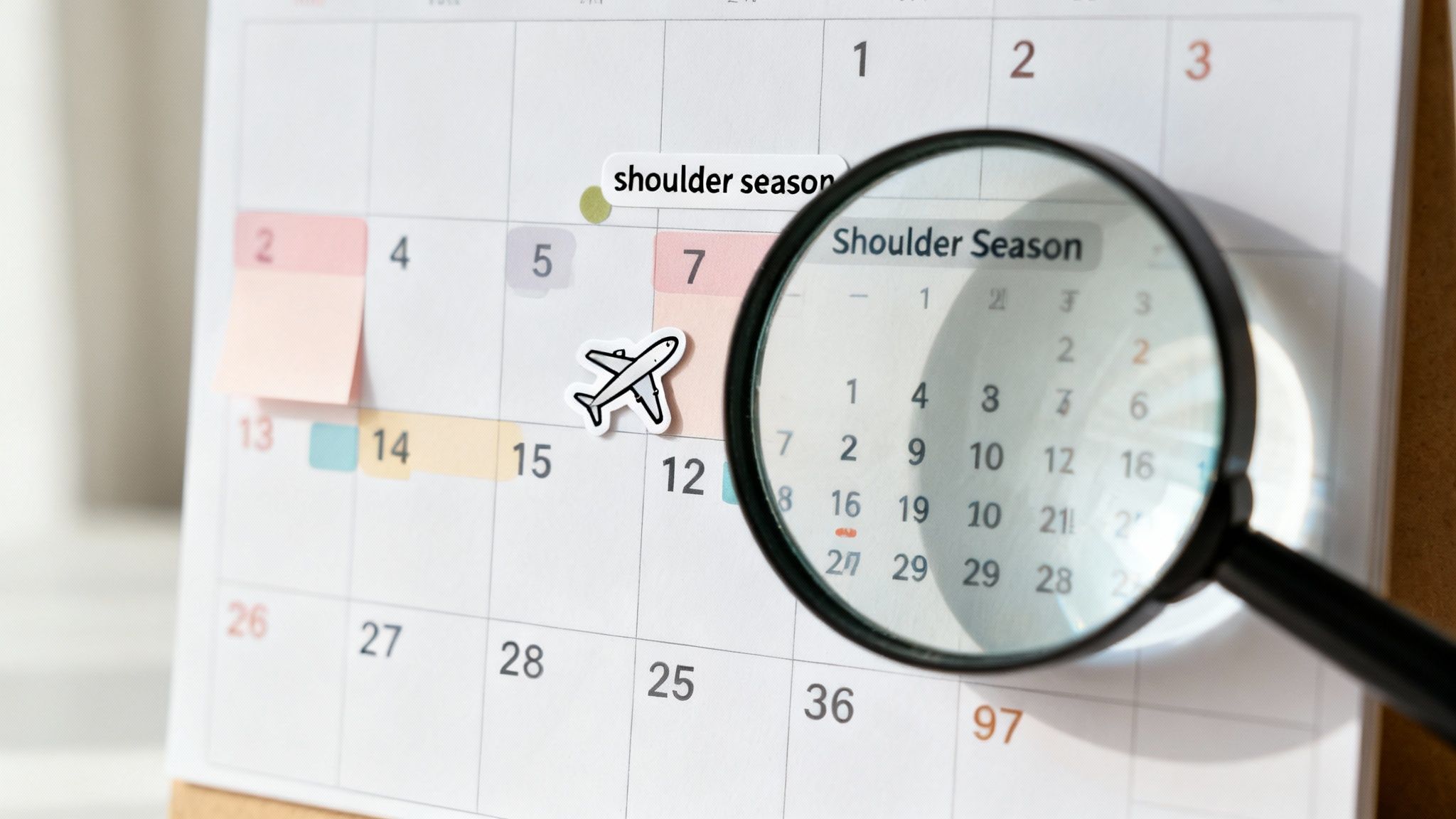 Planning travel for "shoulder season" on a calendar with an airplane sticker, magnified.