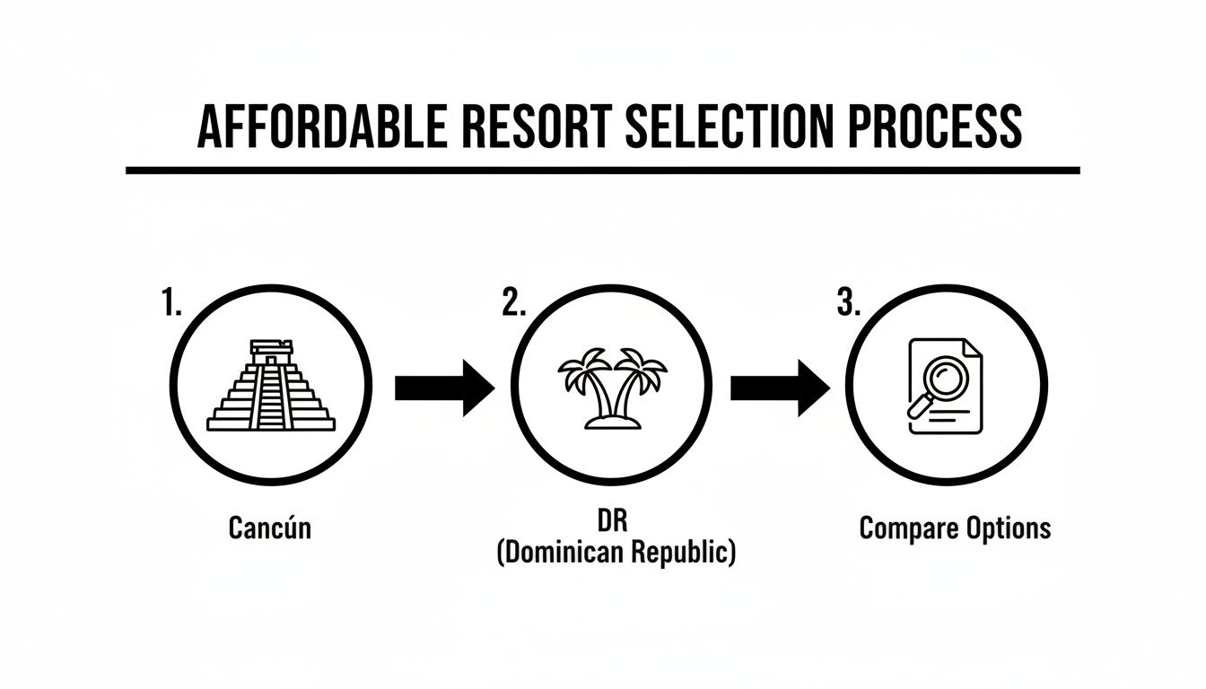 Flowchart illustrating an affordable resort selection process, including steps for Cancún, DR, and comparing options.