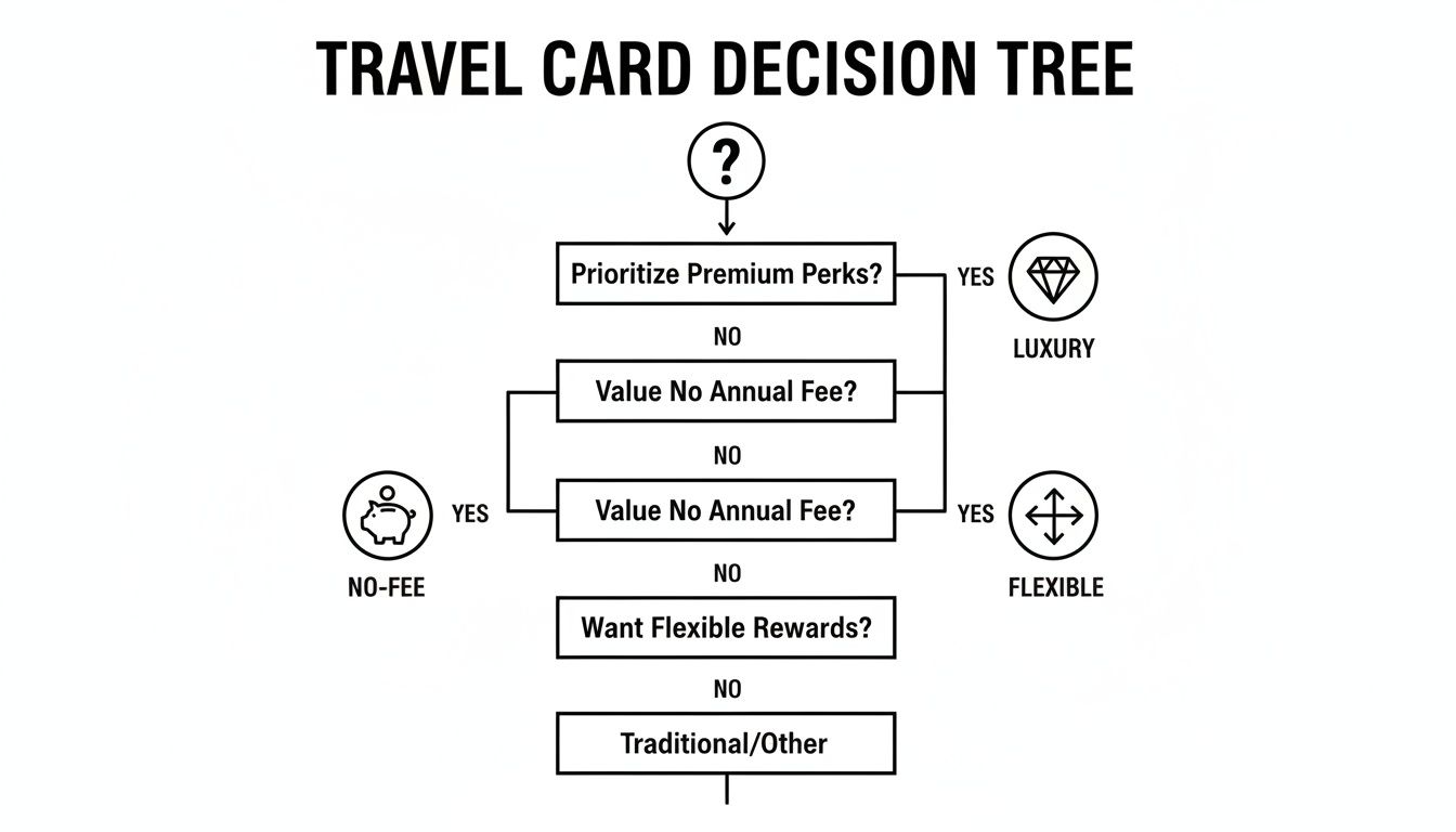 Decision tree helping users select travel credit cards based on premium perks, annual fees, and flexible rewards.