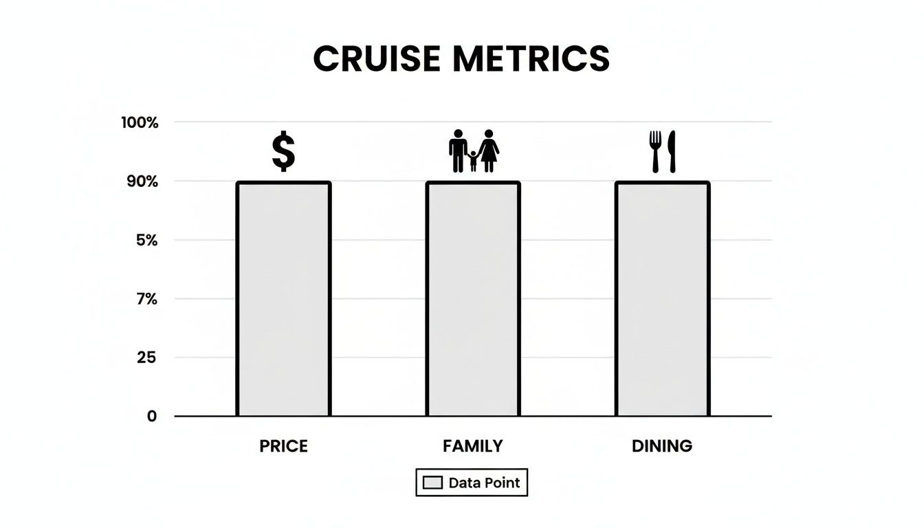 Bar chart displaying cruise metrics for price, family, and dining, all rated at 90%.