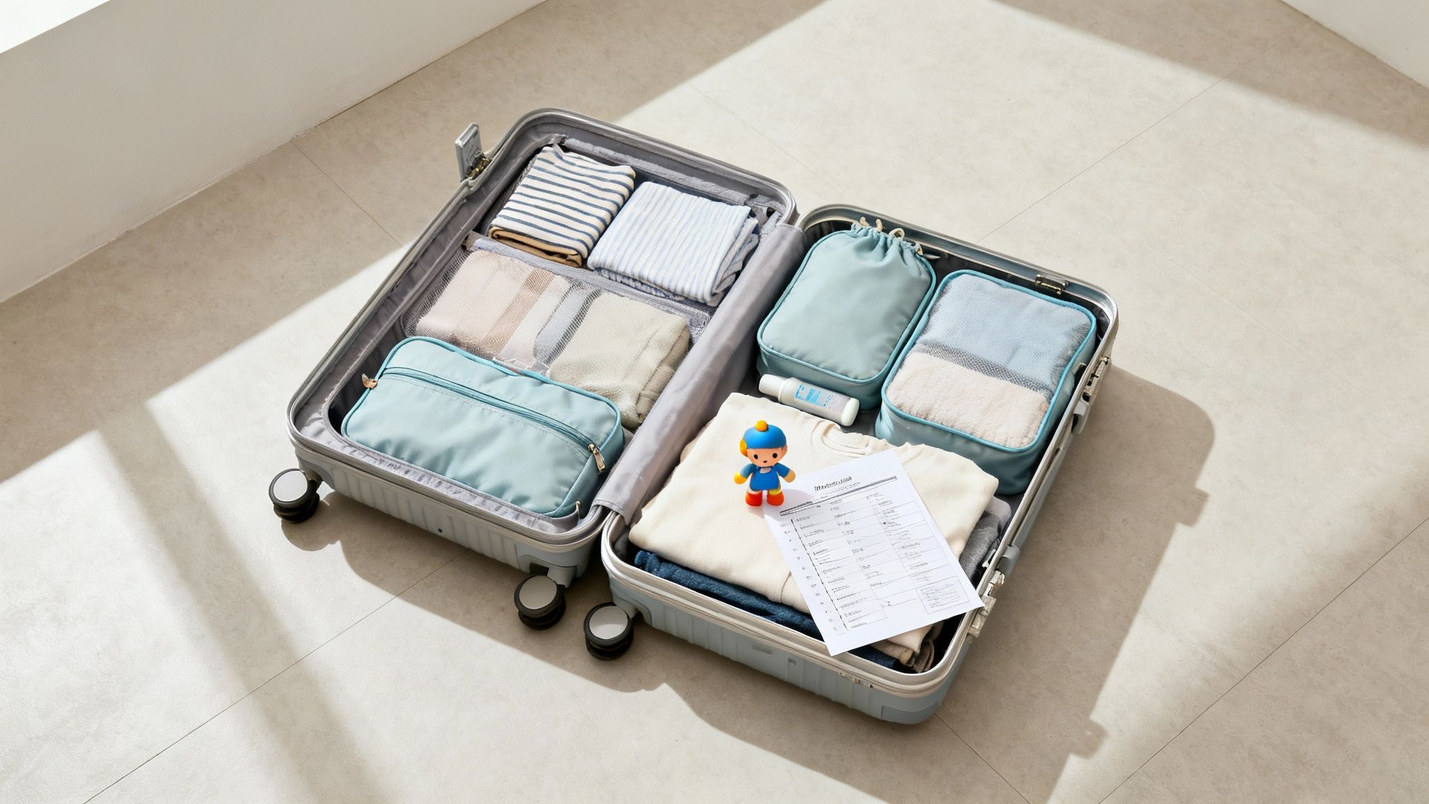 An open suitcase lies on the floor, neatly packed with clothes, packing cubes, a toy, and a checklist.