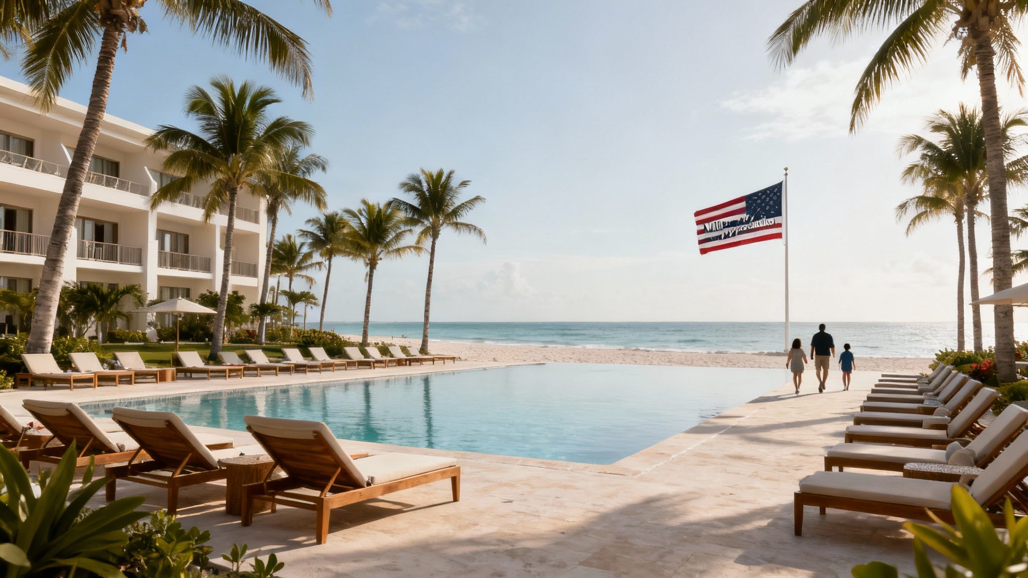 A family walks past an infinity pool and palm trees towards a beach, with an American flag flying at a luxury resort.