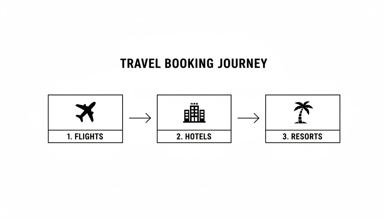 A travel booking journey diagram showing steps for flights, hotels, and resorts with icons.