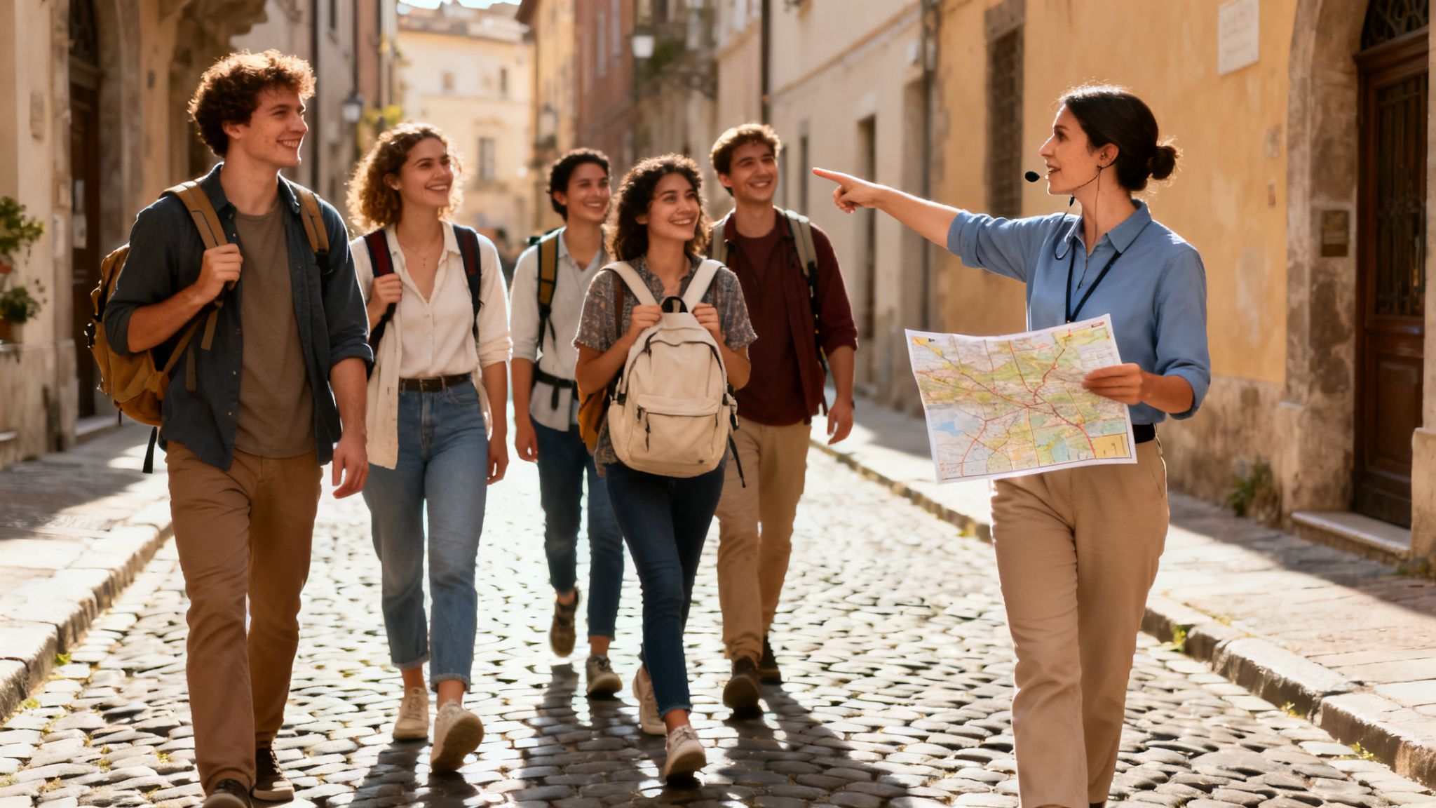 A female tour guide leads a group of smiling young tourists with backpacks on a cobblestone street.