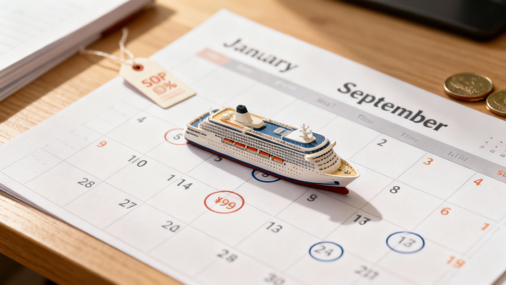 A miniature cruise ship on a calendar, highlighting travel deals and future vacation planning.