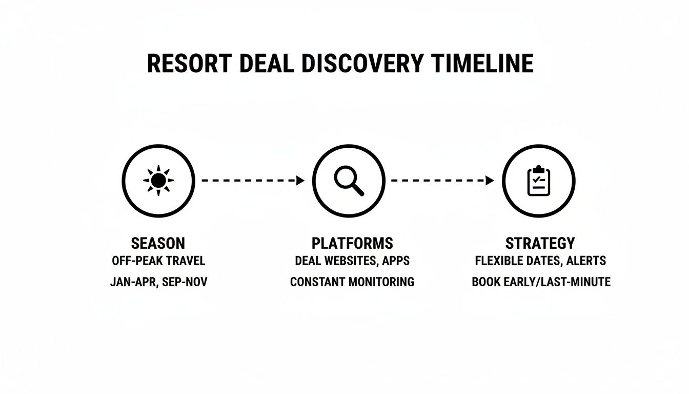 A timeline illustrating the resort deal discovery process, covering off-peak seasons, monitoring platforms, and booking strategies.