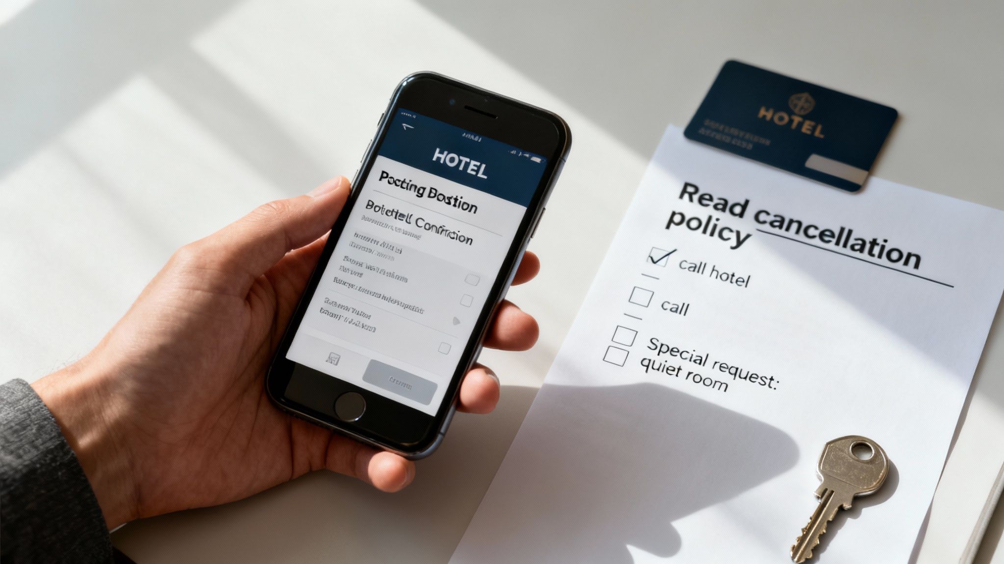 Person holding smartphone with hotel booking confirmation, near key card, room key, and cancellation policy.