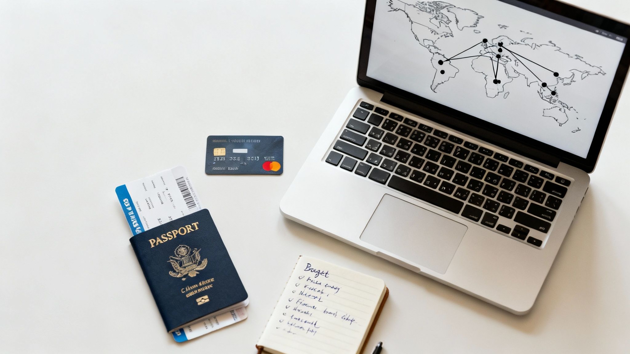 Flat lay of travel planning essentials: laptop, passport, credit card, and a budget notebook on a white desk.