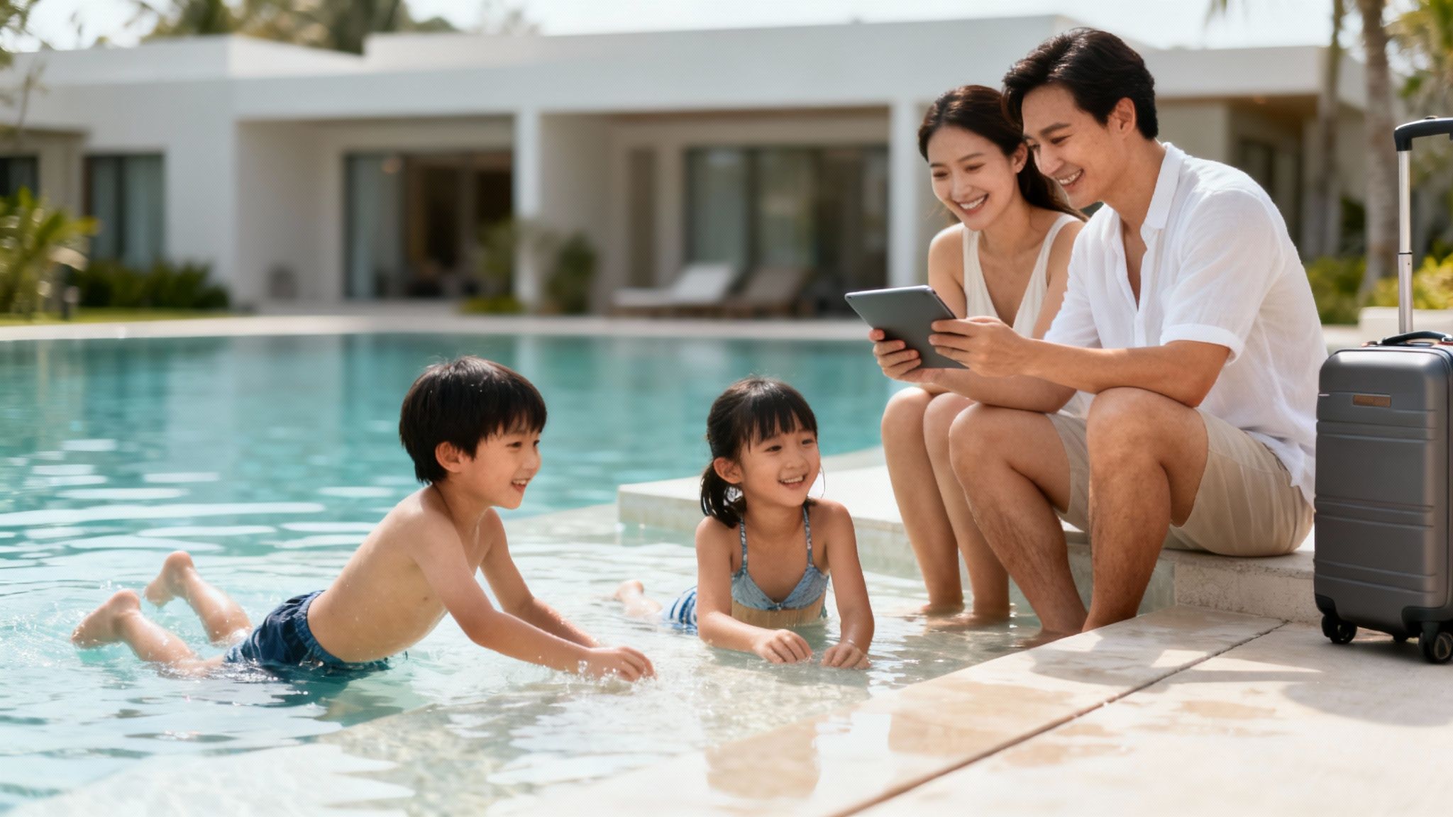 Smiling Asian family on vacation, parents with tablet, children playing in a resort pool.