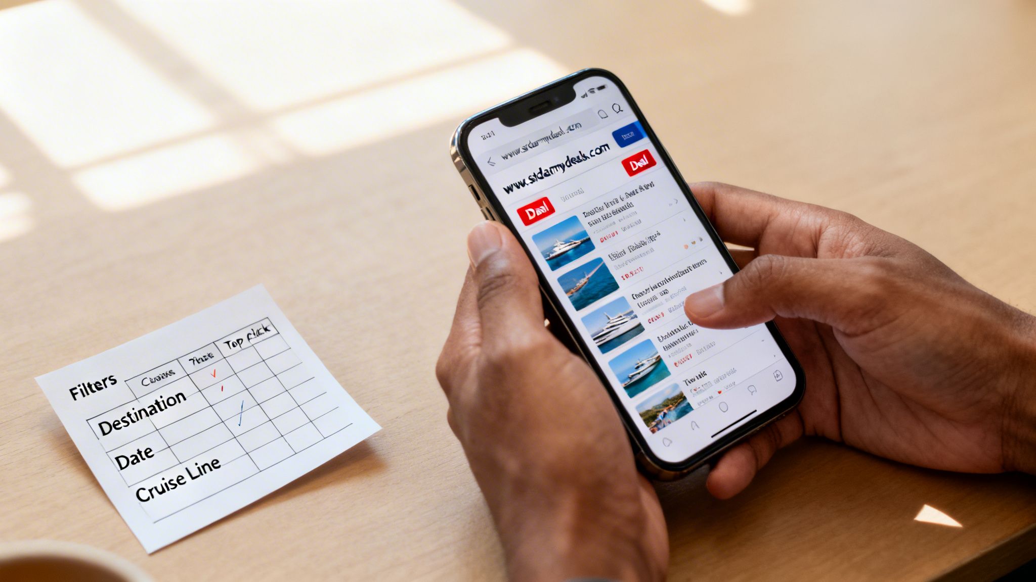 Person comparing cruise deals on a smartphone next to a handwritten filter chart.
