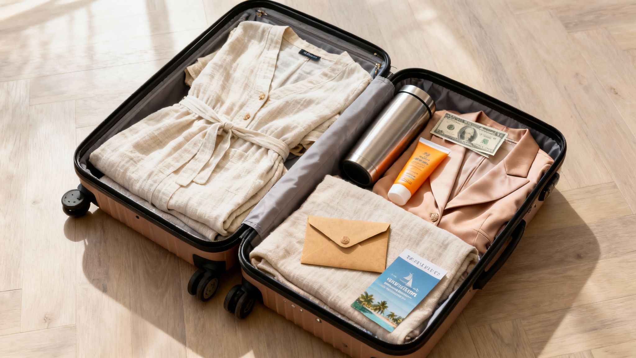 An open suitcase is packed with travel essentials including clothes, money, sunscreen, and a travel brochure.