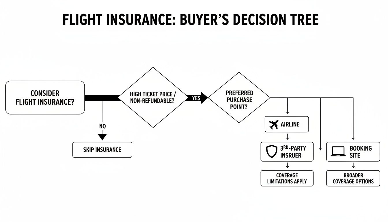 A decision tree flowchart illustrating the process of purchasing flight insurance, from initial consideration to specific purchase points.