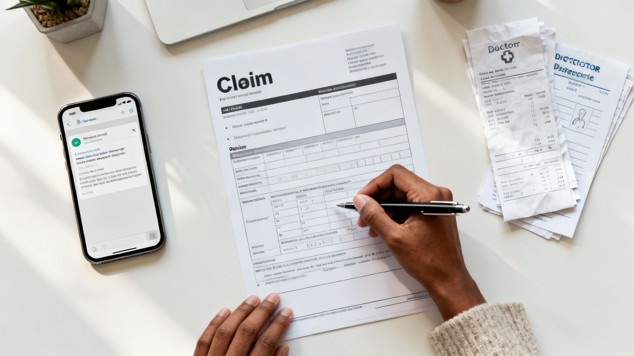 Person's hand writing on a claim form, with a smartphone and medical receipts nearby.