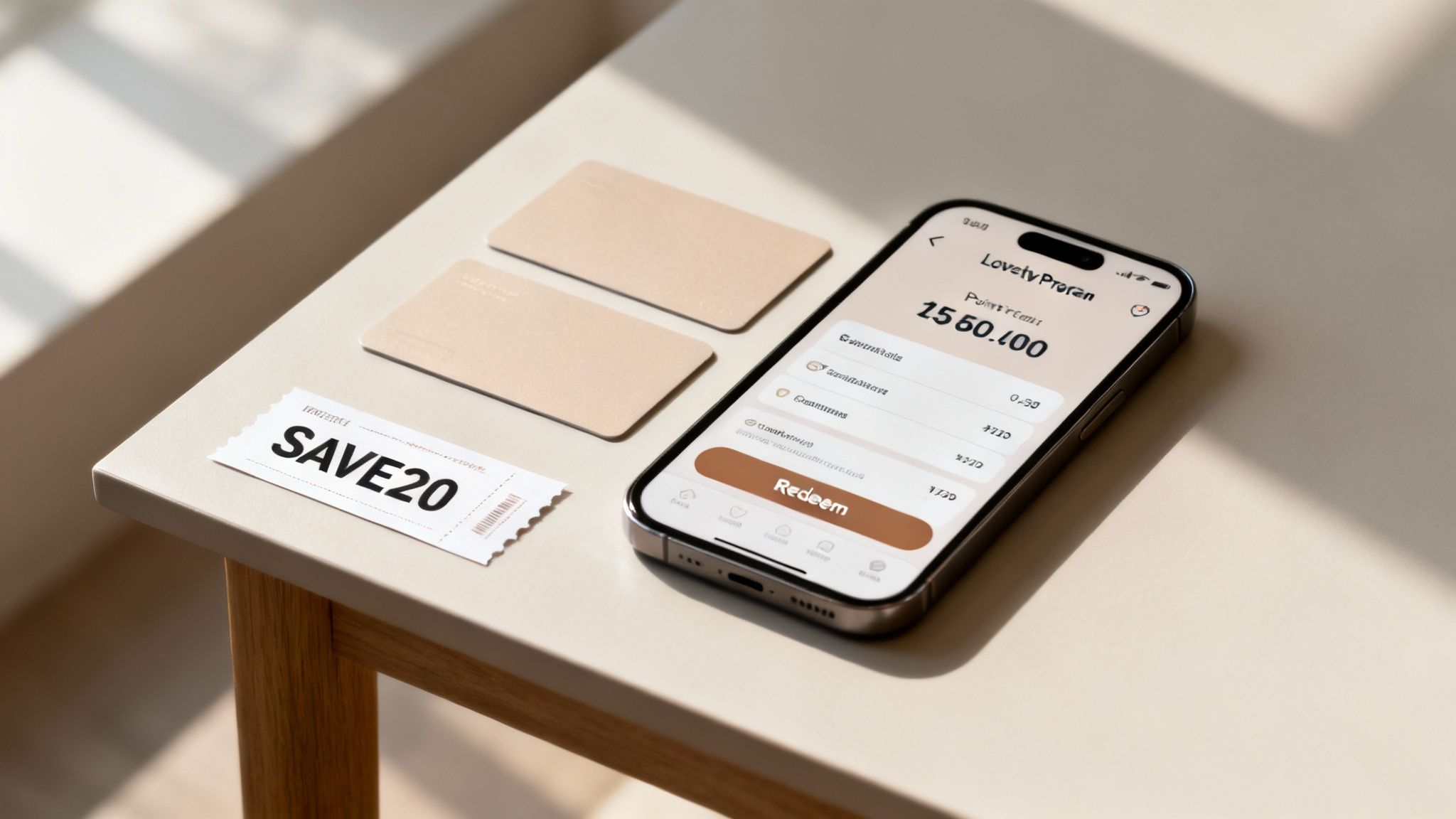 A smartphone showing a loyalty program app with points, next to blank cards and a 'SAVE20' coupon.
