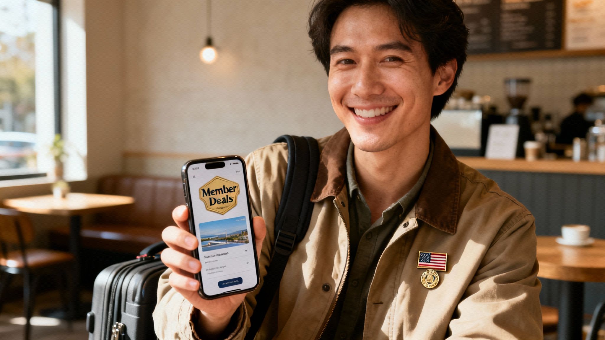 Smiling man in a cafe showing a smartphone app with 'Member Deals' for travel.