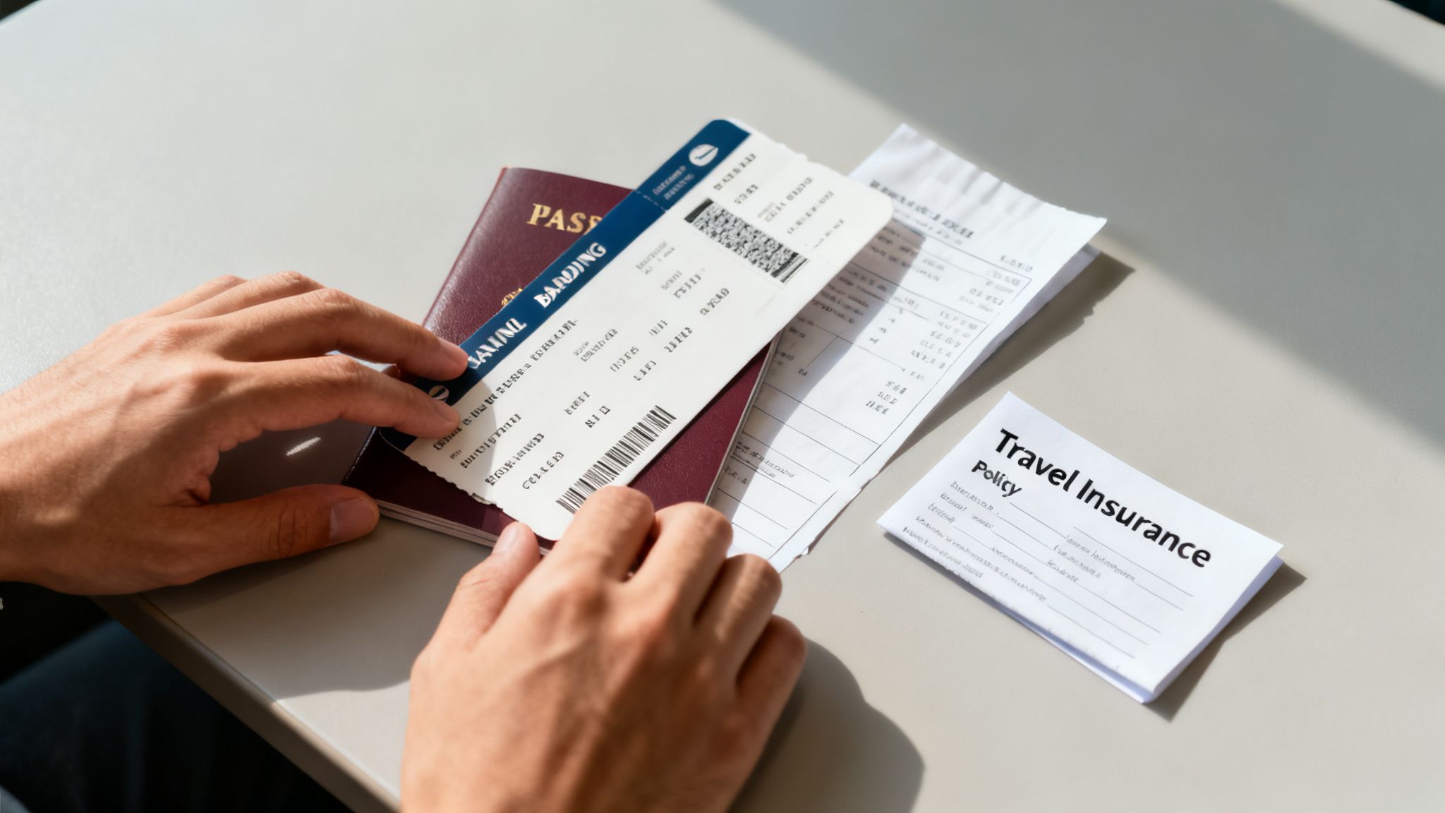 Hands holding a passport and flight ticket, with a travel insurance policy on a table.