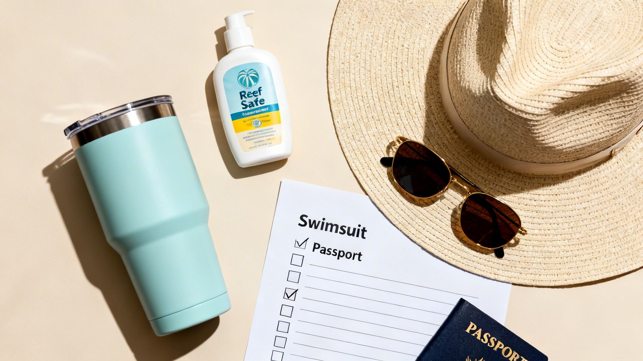 Flat lay of travel essentials for a beach vacation: reef-safe sunscreen, tumbler, hat, sunglasses, checklist, and passport.