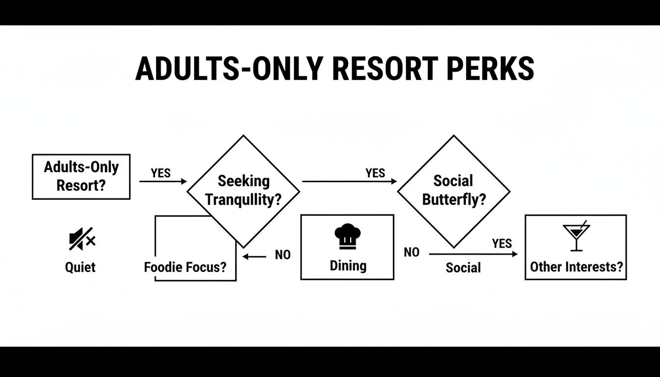 A flowchart titled 'Adults-Only Resort Perks' detailing options like quiet, dining, social, and other interests.