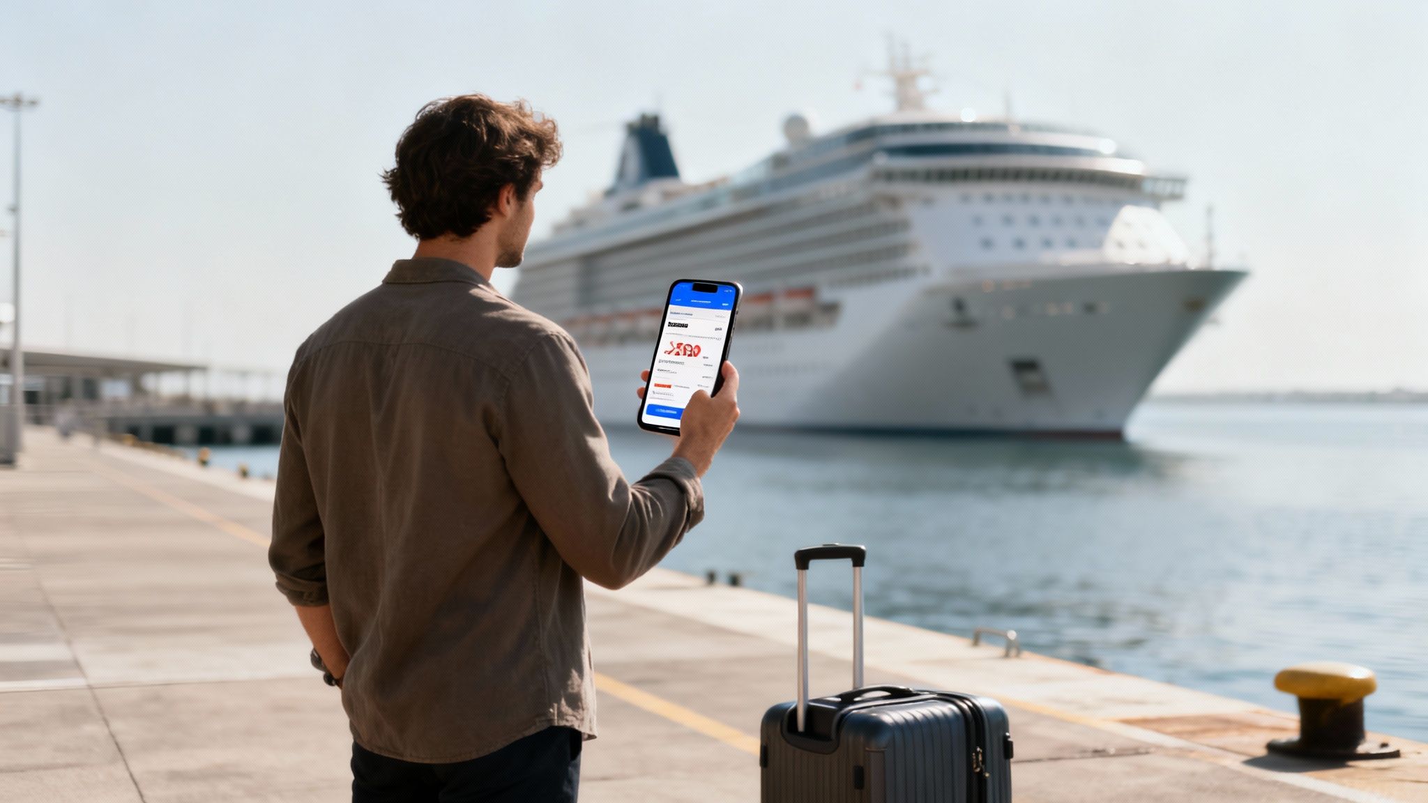 A man at a pier looks at his phone with a large cruise ship in the background, ready to embark.