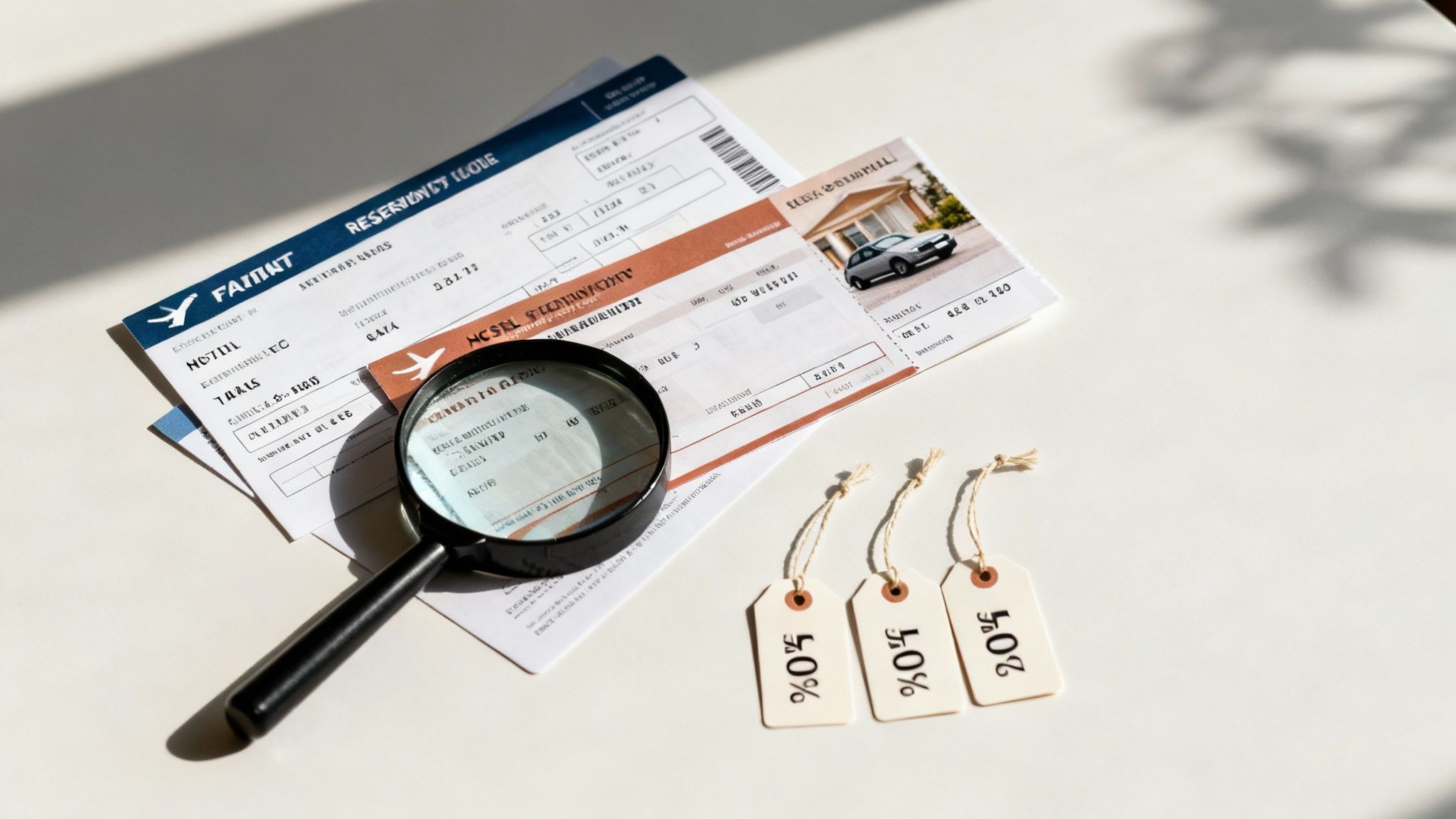 A magnifying glass on travel tickets and three discount tags, symbolizing search for deals.