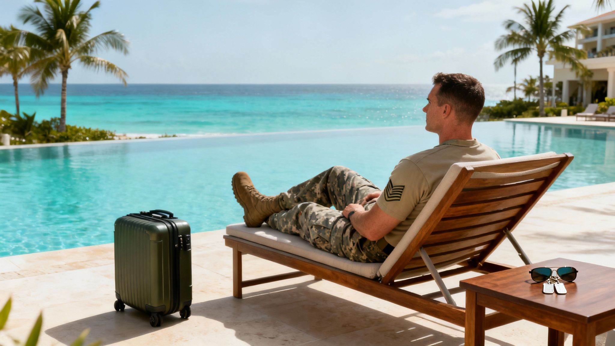 A soldier in uniform relaxes by an infinity pool overlooking a tropical ocean. A suitcase and dog tags are nearby.
