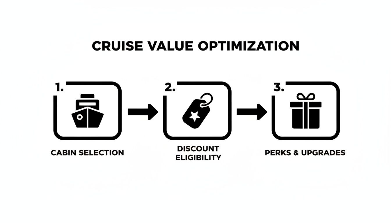 A three-step diagram for cruise value optimization: Cabin Selection, Discount Eligibility, and Perks & Upgrades.