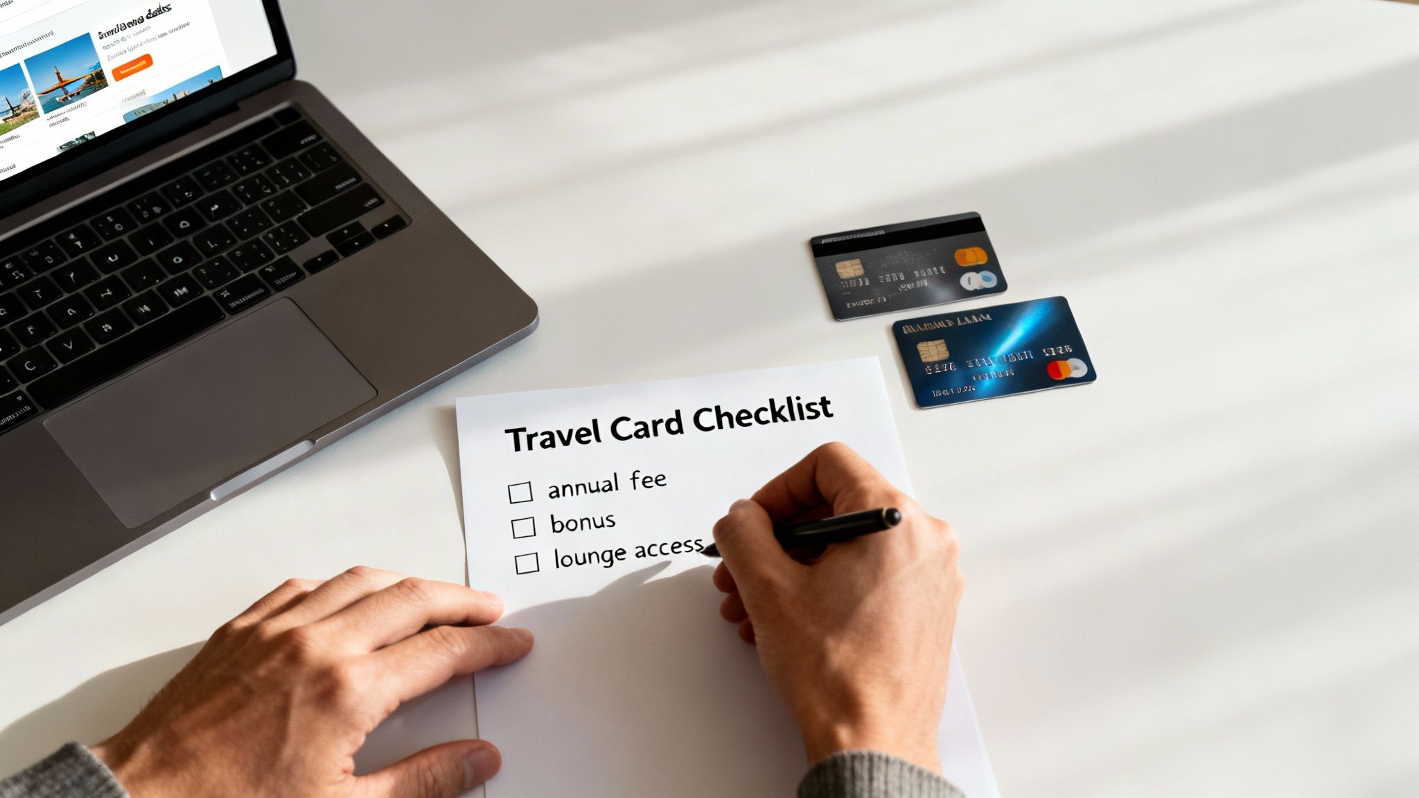 A person evaluates travel credit cards using a checklist, with a laptop and cards on a white desk.