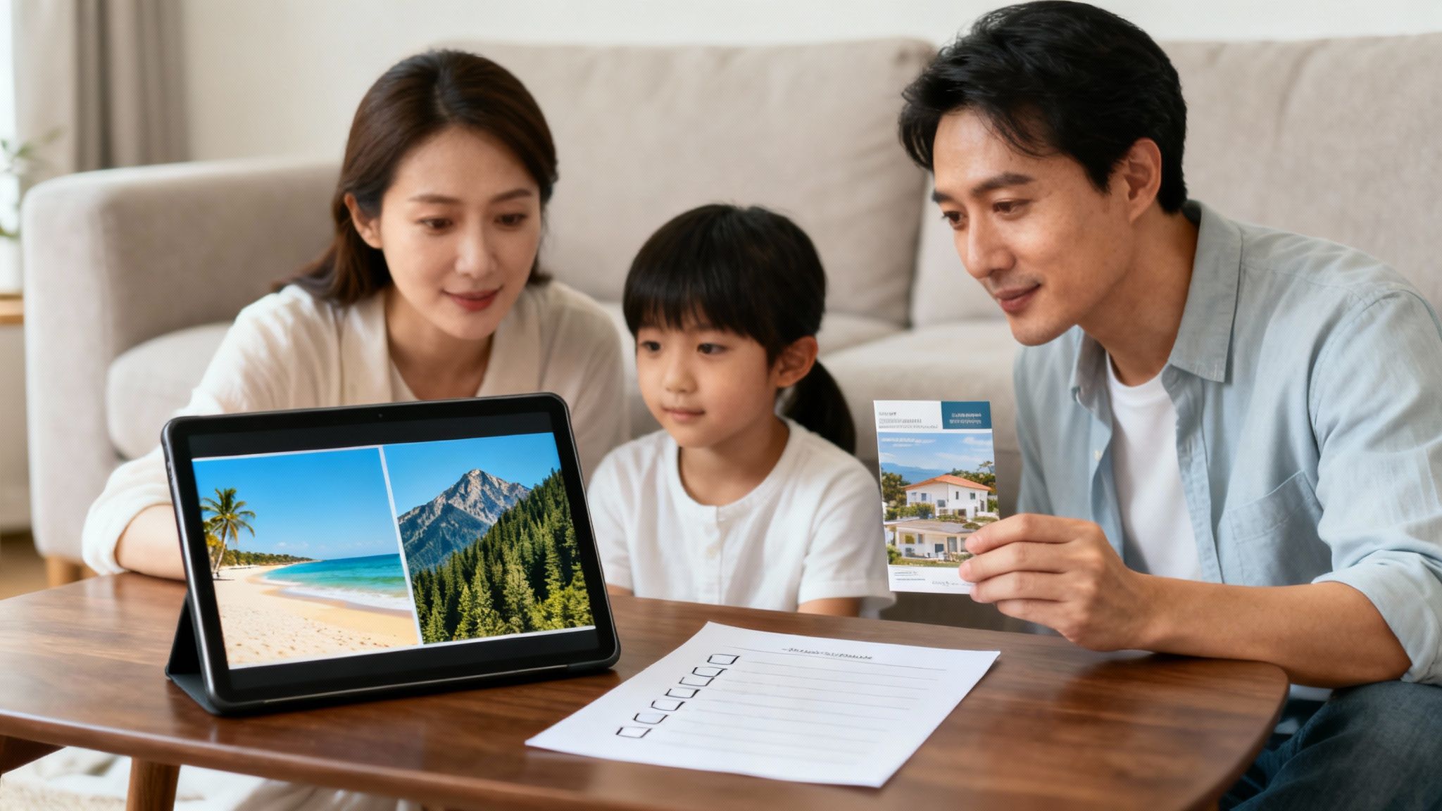 An Asian family, including parents and child, looks at a tablet with vacation images and a property brochure.