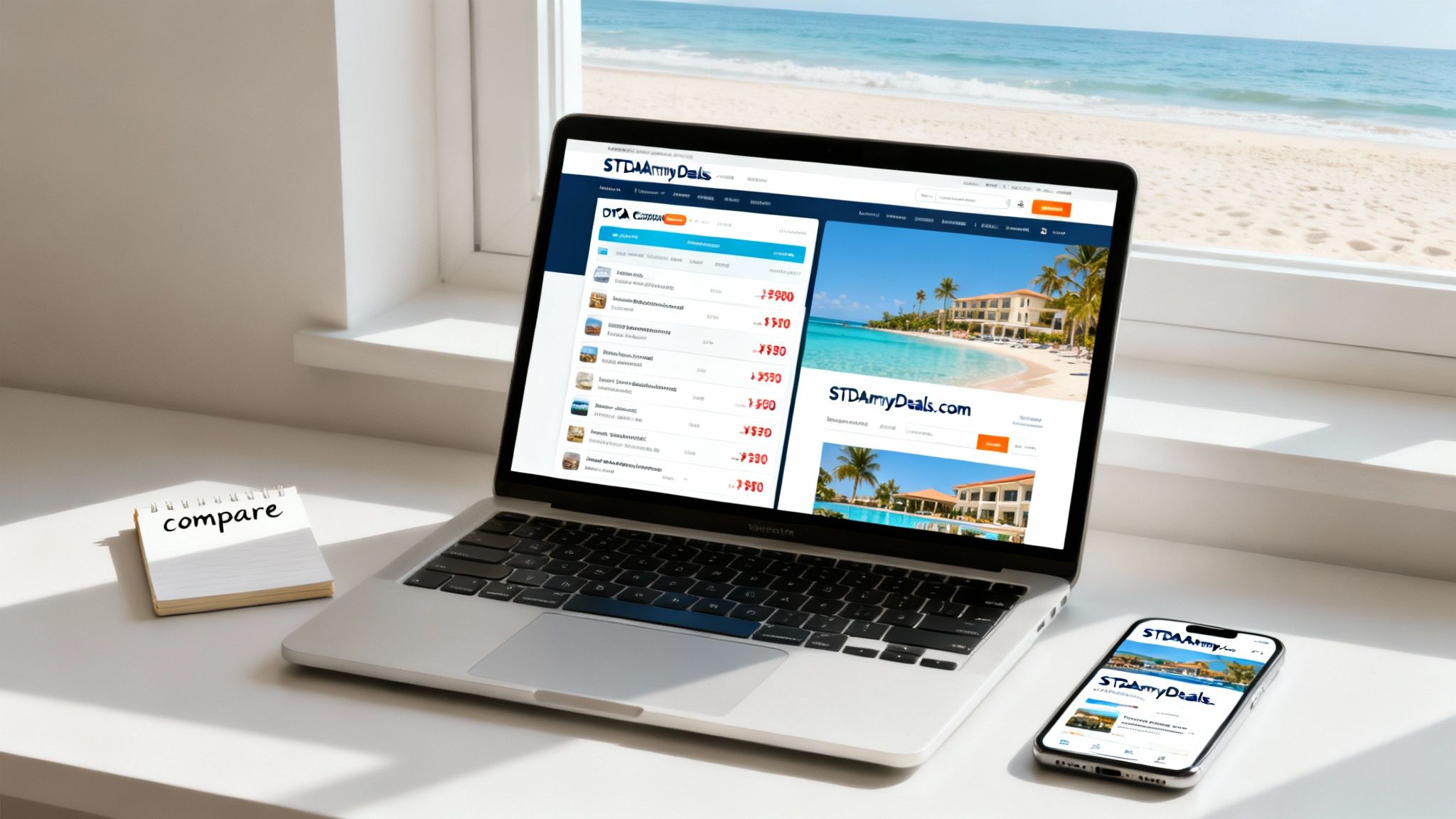 Laptop and phone show a STDArmyDeals travel website with resort discounts, beside a 'compare' notepad overlooking a beach.