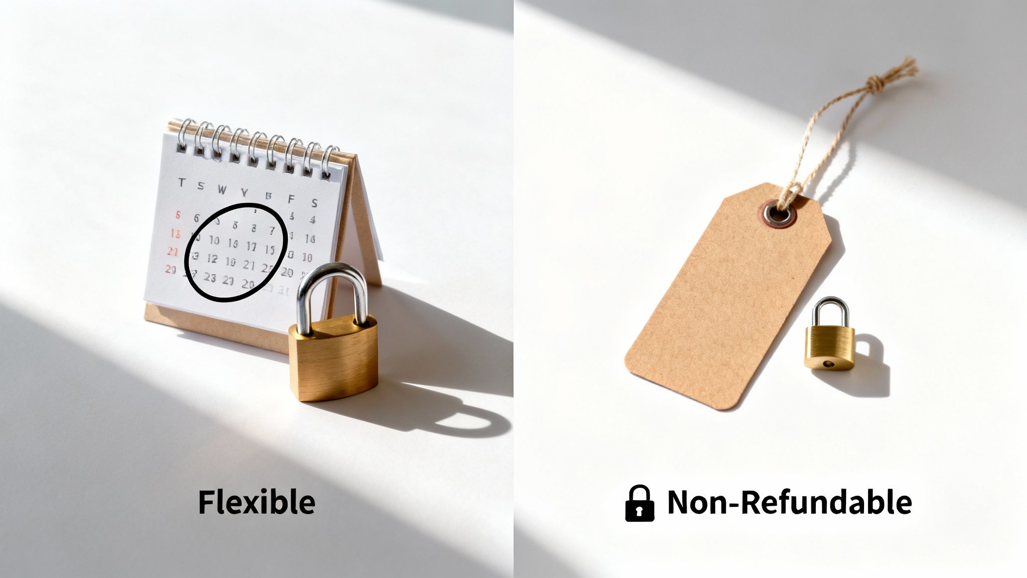 Two options are presented: a calendar with a padlock for a flexible policy, and a tag with a padlock for non-refundable.
