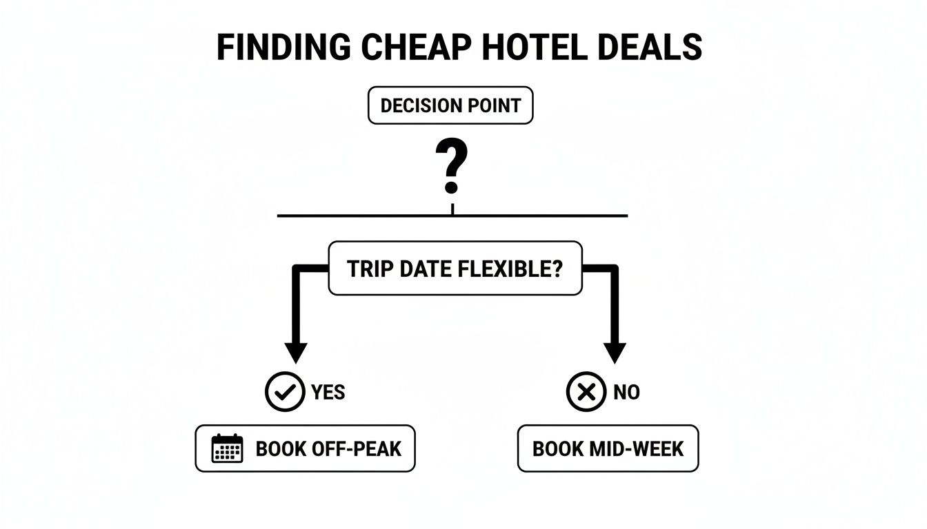 A flowchart guiding how to find cheap hotel deals based on trip date flexibility decisions.